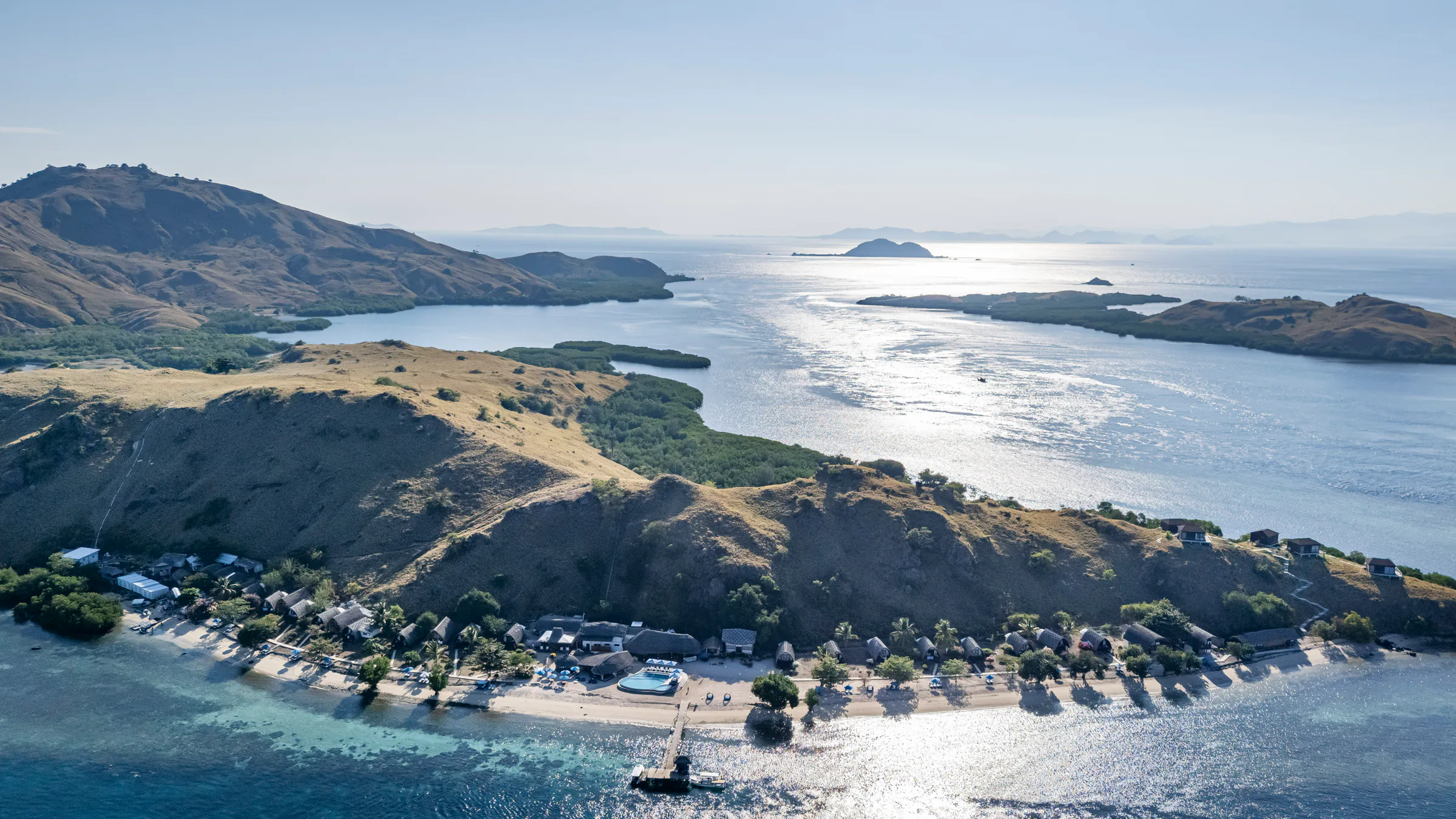 Aerial view of Komodo Resort on Sebayur Island in Komodo National Park